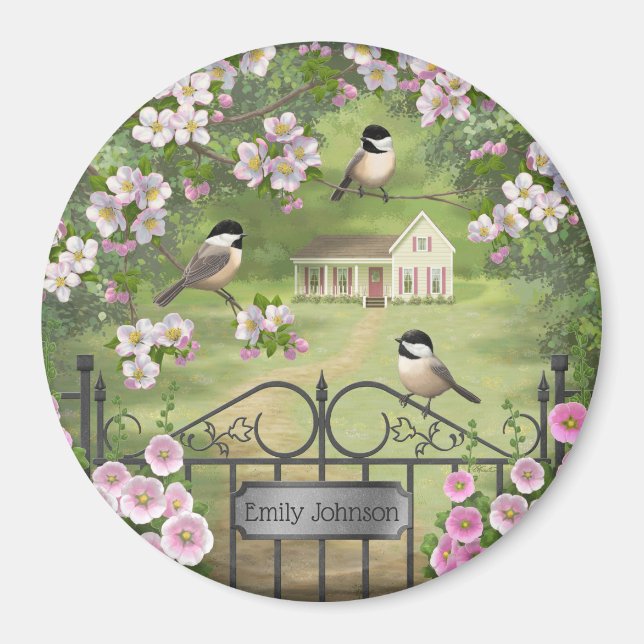 Chickadees Blume Viktorianisch Bauernhof Magnet (Vorne)