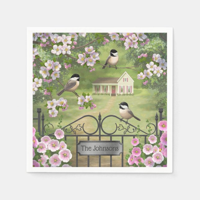 Chickadees Blume Viktorianisch Bauernhof Serviette (Vorderseite)