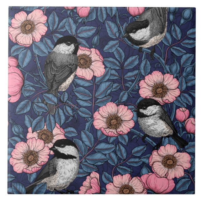 Chickadees in the wild rose in pink and blue fliese (Vorderseite)