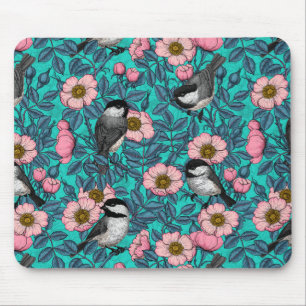 Chickadees in the wild rose, pink and blue mousepad