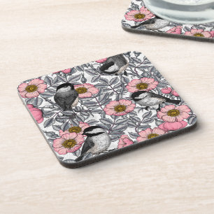 Chickadees in the wild rose, pink and gray getränkeuntersetzer