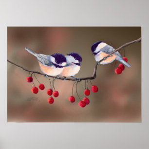 CHICKADEES & RED BERRIES VON SHARON SHARPE POSTER