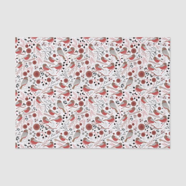 Chickadees rotes graues Muster mit Blumenmuster Seidenpapier (Vorderseite)