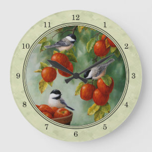 Chickadees und Apfelbaum grün Große Wanduhr