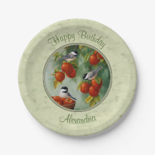 Chickadees und Apfelbaum grün Pappteller