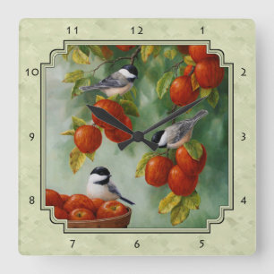 Chickadees und Apfelbaum grün Quadratische Wanduhr