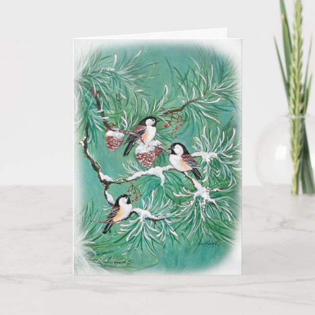 Chickadees und Kiefern-Karte Feiertagskarte (Vorderseite)