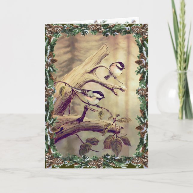 CHICKADEES & WREATH VON SHARON SHARPE FEIERTAGSKARTE (Vorderseite)