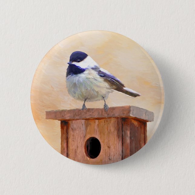 Chickadeo auf Birdhouse Malerei Original Bird Art Button (Vorderseite)