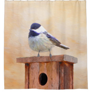Chickadeo auf Birdhouse Malerei Original Bird Art Duschvorhang