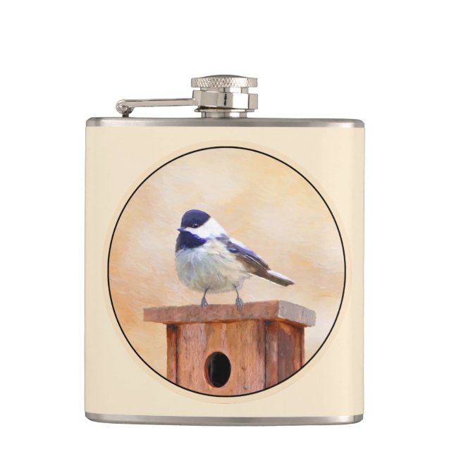 Chickadeo auf Birdhouse Malerei Original Bird Art Flachmann (Vorderseite)