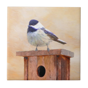 Chickadeo auf Birdhouse Malerei Original Bird Art Fliese