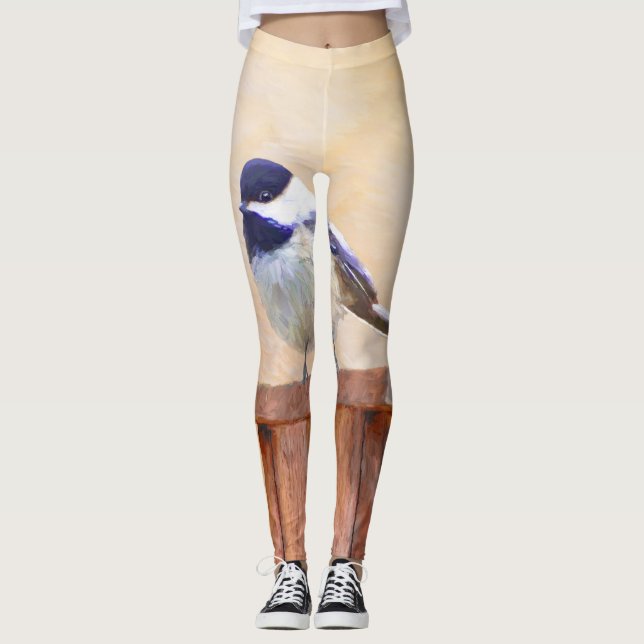 Chickadeo auf Birdhouse Malerei Original Bird Art Leggings (Vorderseite)