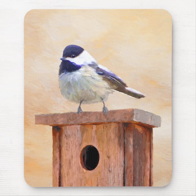 Chickadeo auf Birdhouse Malerei Original Bird Art Mousepad (Vorne)