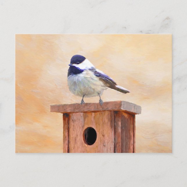 Chickadeo auf Birdhouse Malerei Original Bird Art Postkarte (Vorderseite)