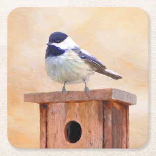 Chickadeo auf Birdhouse Malerei Original Bird Art Rechteckiger Pappuntersetzer