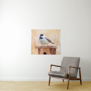 Chickadeo auf Birdhouse Malerei Original Bird Art Wandteppich