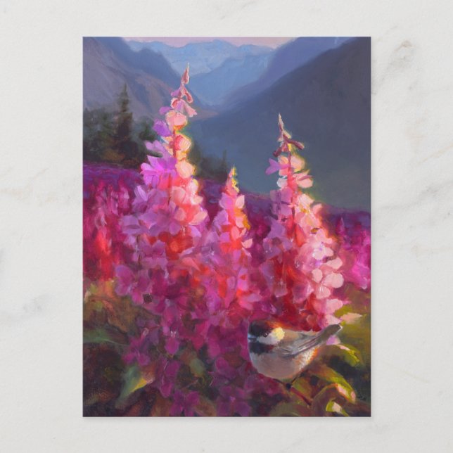 Chickadeon Alaskan Wildblumen mit Bergen Postkarte (Vorderseite)