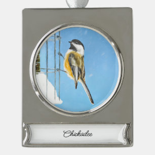 Chickadeon Feeder Painting - Original Bird Art Banner-Ornament Silber