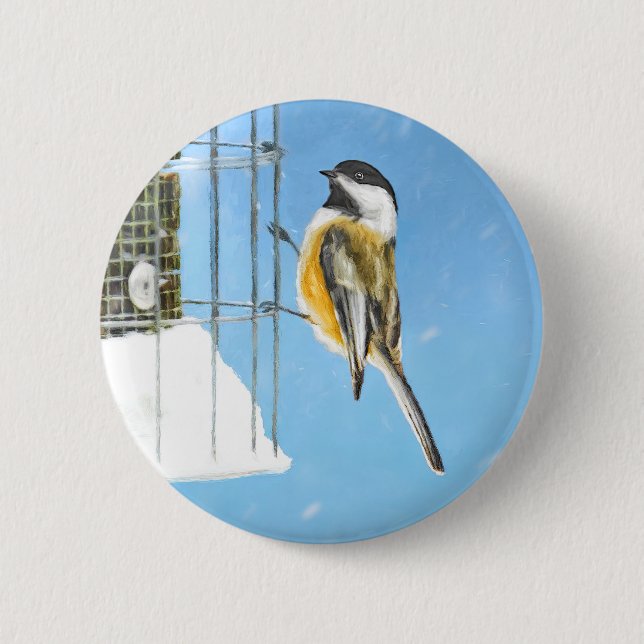 Chickadeon Feeder Painting - Original Bird Art Button (Vorderseite)