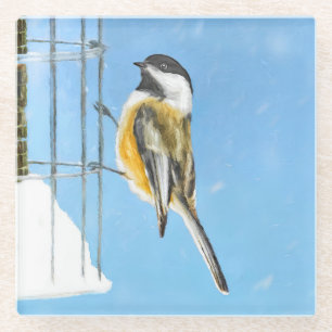 Chickadeon Feeder Painting - Original Bird Art Glasuntersetzer