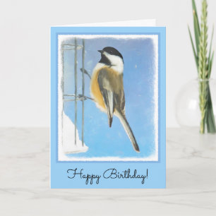 Chickadeon Feeder Painting - Original Bird Art Karte