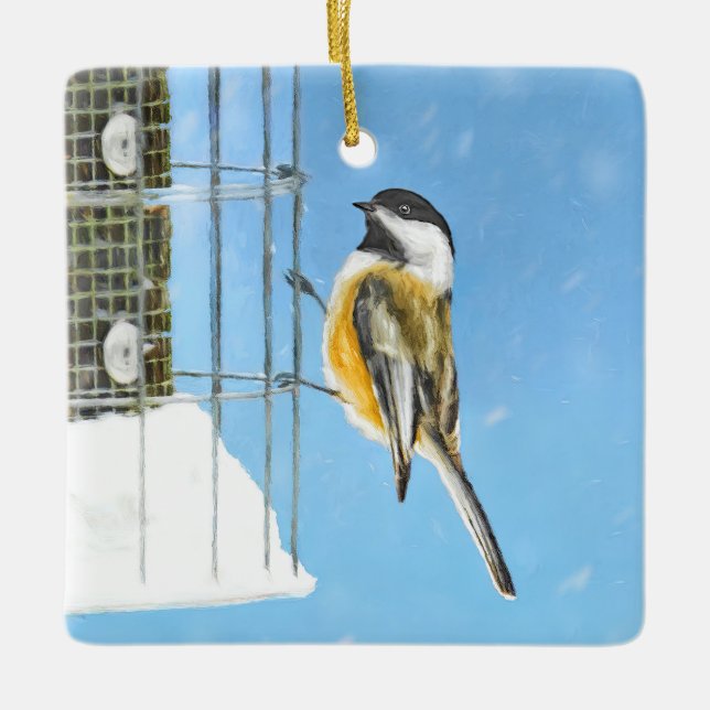 Chickadeon Feeder Painting - Original Bird Art Keramikornament (Vorderseite)