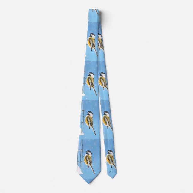 Chickadeon Feeder Painting - Original Bird Art Krawatte (Vorderseite)