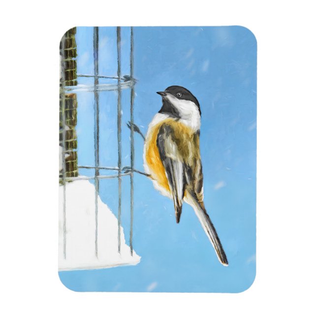 Chickadeon Feeder Painting - Original Bird Art Magnet (Vertikal)