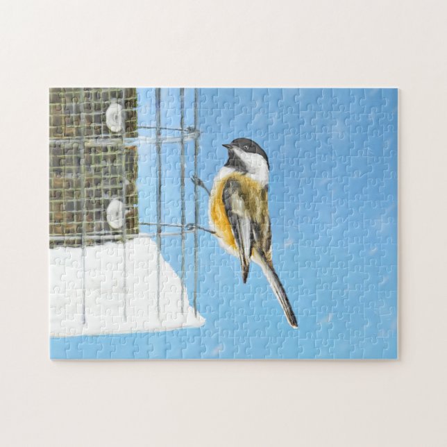 Chickadeon Feeder Painting - Original Bird Art Puzzle (Horizontal)