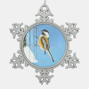 Chickadeon Feeder Painting - Original Bird Art Schneeflocken Zinn-Ornament