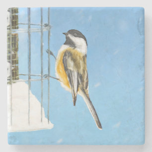 Chickadeon Feeder Painting - Original Bird Art Steinuntersetzer