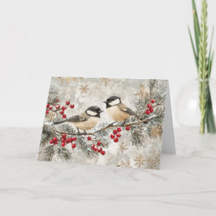 Chickades auf Evergreen mit Red Berries Karte