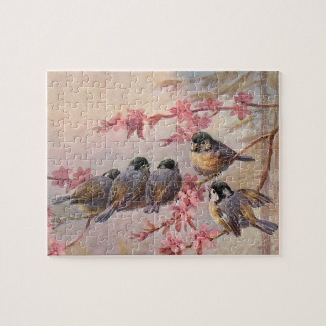 Chickadevögel auf rosa Blüten Vintager Frühling Puzzle (Horizontal)