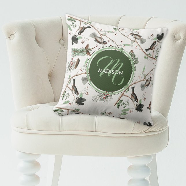 Chickadevögel Berries & Pinecones Mit Monogramm Kissen (Chickadee Birds Berries & Pinecones Monogrammed Throw Pillow)