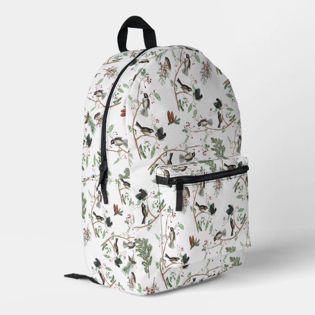 Chickadevögel Berries & Pinecones Wasserfarbe Bedruckter Rucksack (Rückseitige Ecke links)
