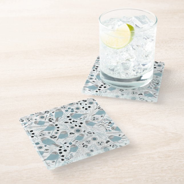 Chickadevögel Niedlich Blaue graue Blume Berries Glasuntersetzer (Schrägansicht)