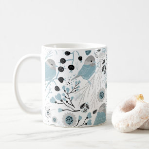 Chickadevögel Niedlich Blaue graue Blume Berries Kaffeetasse