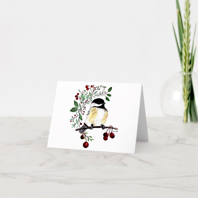 Chickadewatercolor Charming Note Card (Cute chickadee watercolor with greenery and berries from Jenn Steffen Art)