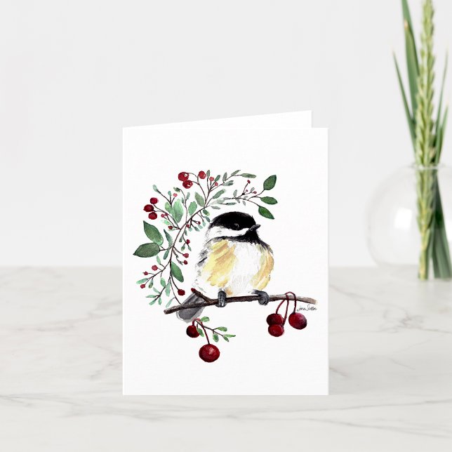 Chickadewatercolor Charming Note Card (Cute watercolor chickadee on branch with berries note card from Jenn Steffen Art)