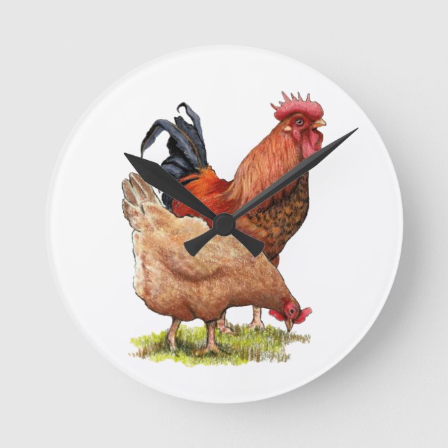 Chicken And Rooster Art, Poultry, Farm Animals Runde Wanduhr (Vorderseite)