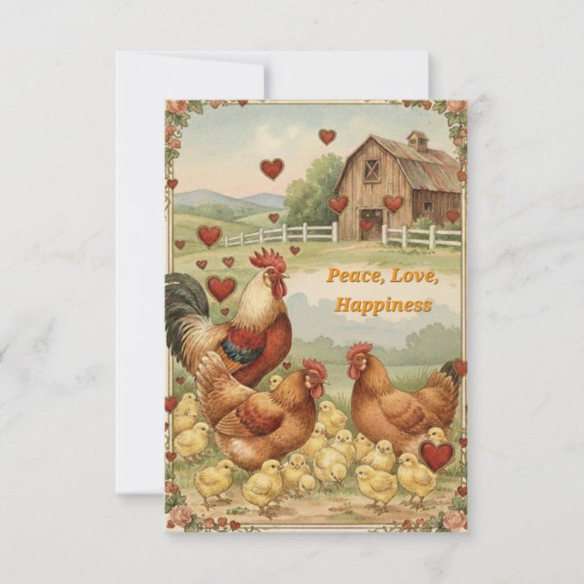 Chicken Barnyard Love, Peace Valentine's day card Mitteilungskarte (Vorderseite)
