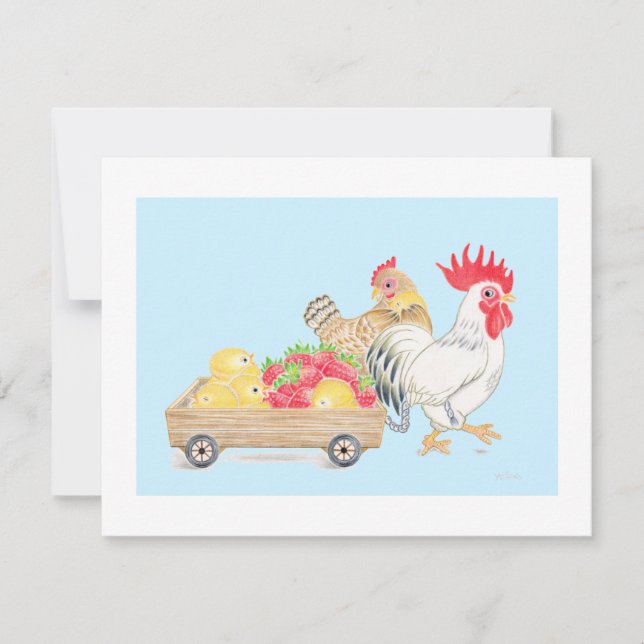 Chicken Chicks Family Strawberries Blue Flat  Card Dankeskarte (Vorderseite)