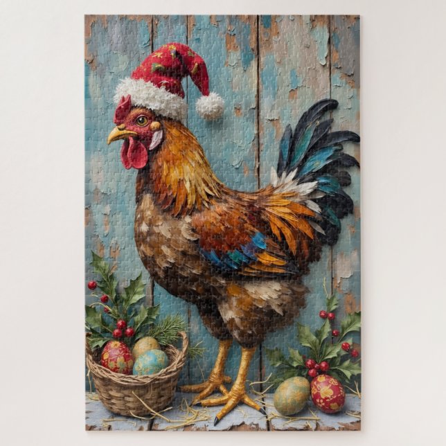 Chicken Guarding Christmas Eggs Rustic Hat Puzzle (Vertikal)