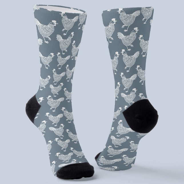 Chicken Hen Poultry Socken (Dusty blue gray and white chicken hen poultry pattern socks)