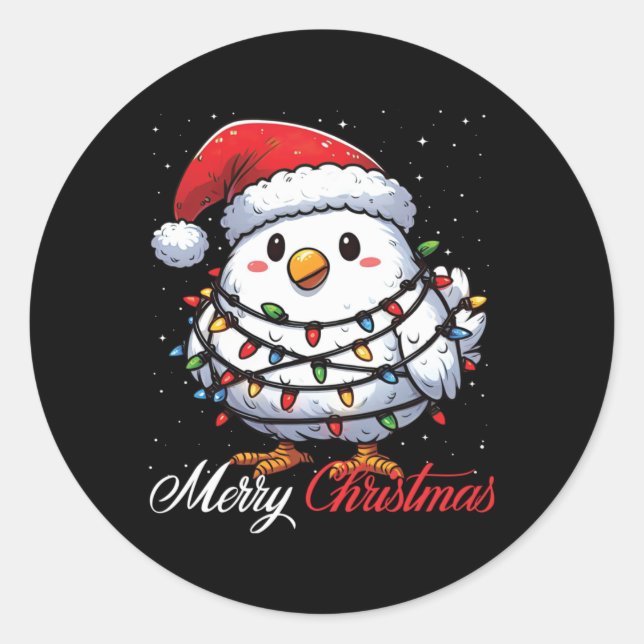 Chicken Merry Christmas Lights Santa Hat Xmas Snow Runder Aufkleber (Vorderseite)