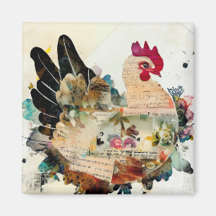Chicken Mixed Media Art Collage Magnet