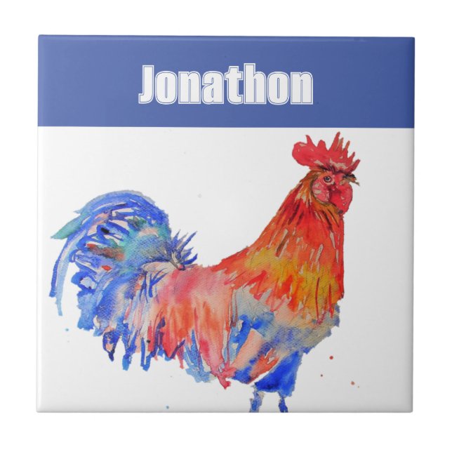 Chicken Rooster Bird Kids Boys Name Blue Red Fliese (Vorderseite)