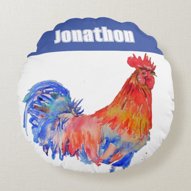 Chicken Rooster Bird Kids Boys Name Blue Red Rundes Kissen (Vorderseite)