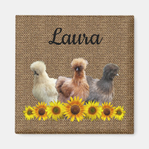 Chicken Sie Ihren Namen Silkie Sunflowers Burlap Magnet
